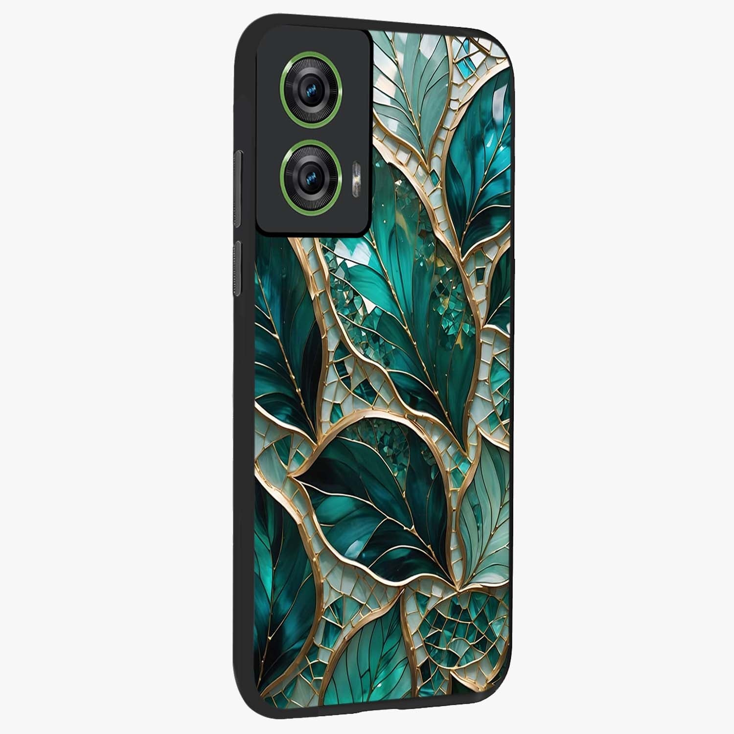 Emerald Leaf Glass Glass Case upright view showcasing fresh green leaf artwork with calming nature inspired style.