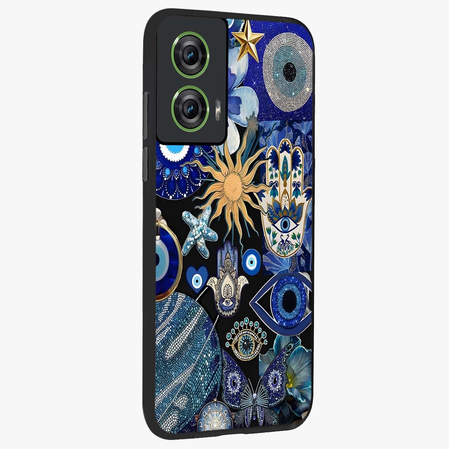 Evil Eye Charm Mix Glass Case upright view showcasing mystical evil eye pattern with vibrant decorative style.