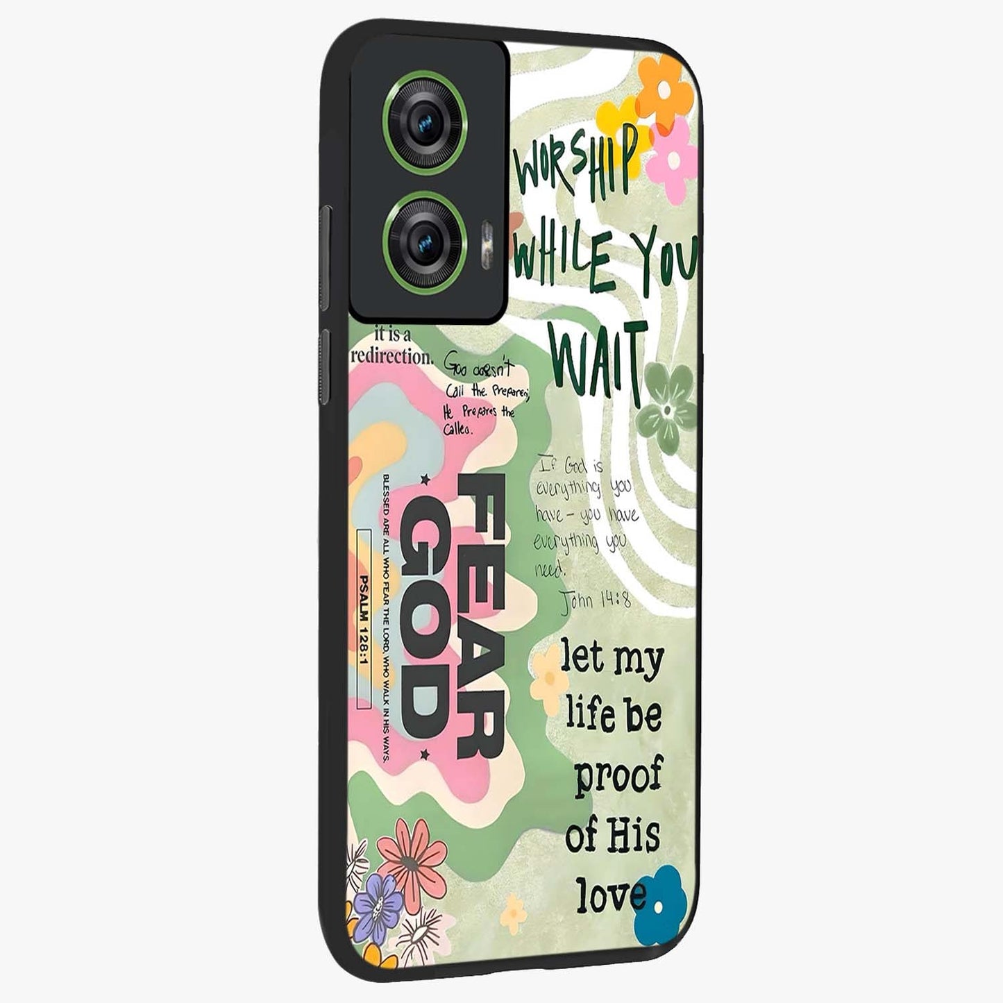 Faith Over Fear Glass Case upright view showcasing bold typography artwork with uplifting motivational theme.