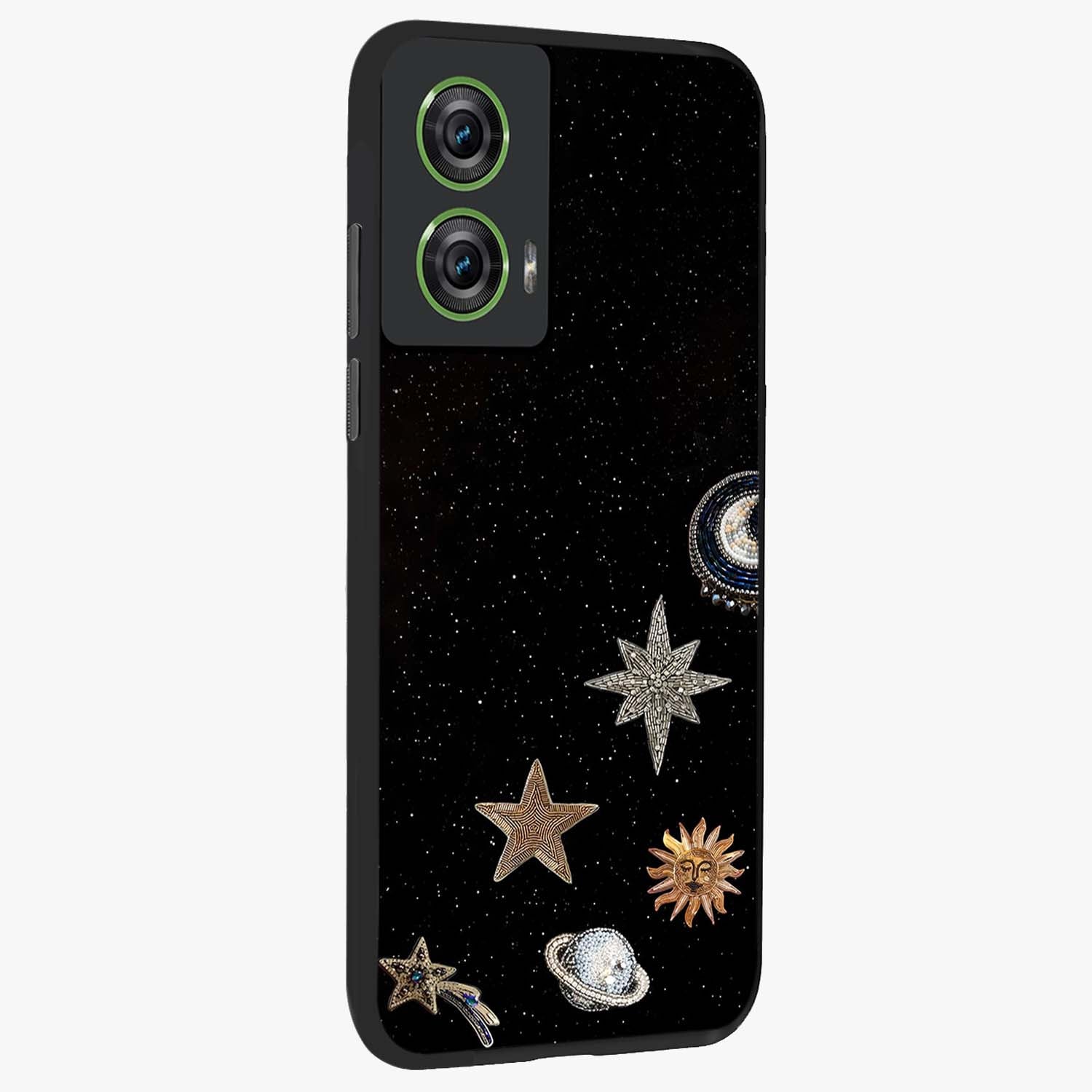 Galactic Charm Glow Glass Case upright view showcasing glowing cosmic charm artwork with magical celestial style.