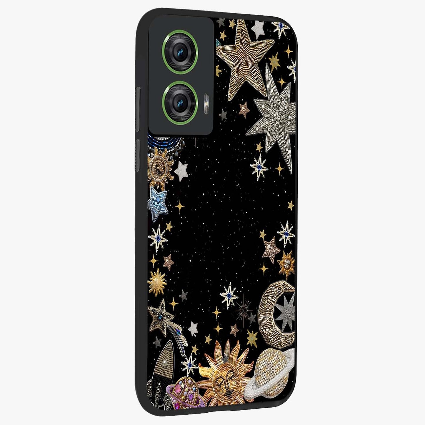 Galactic Jewel Stars Glass Case upright view showcasing glittering star jewel artwork with vibrant galaxy theme.