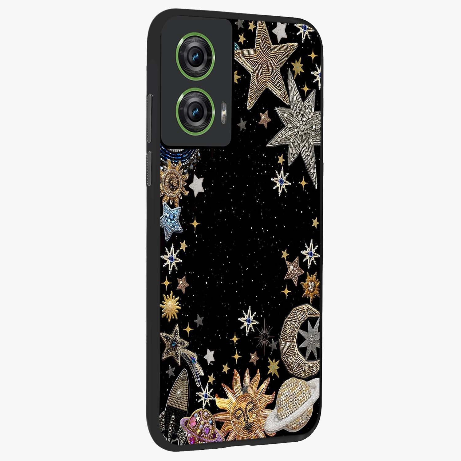 Galactic Jewel Stars Glass Case upright view showcasing glittering star jewel artwork with vibrant galaxy theme.