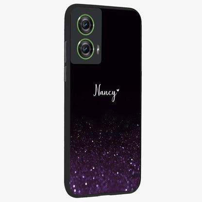 Glittery Purple Bokeh Custom Name Glass Case upright view showcasing vibrant purple sparkle artwork with personalized aesthetic style.