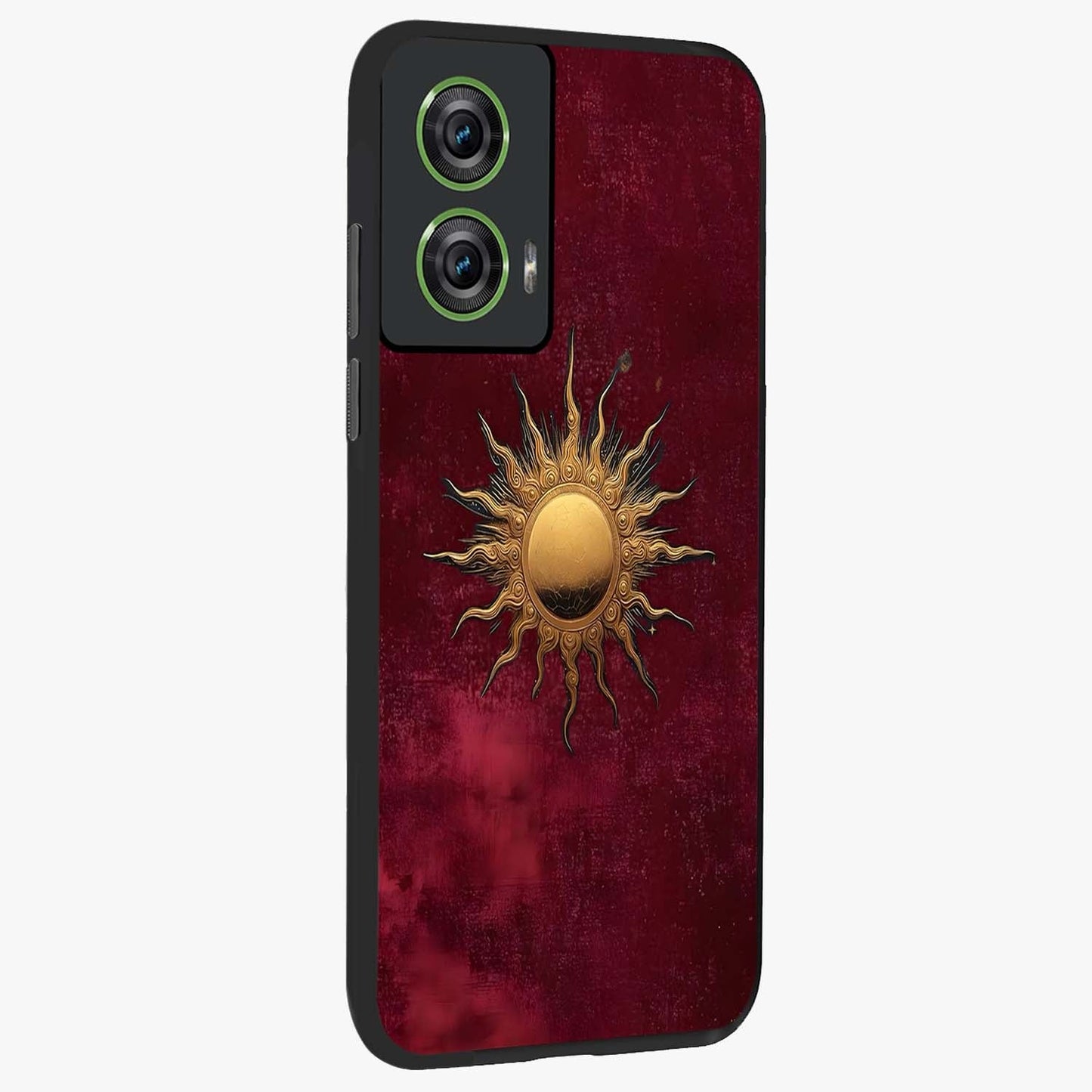 Golden Sun Minimalism Glass Case upright view showcasing simple golden sun artwork with elegant minimalist style.