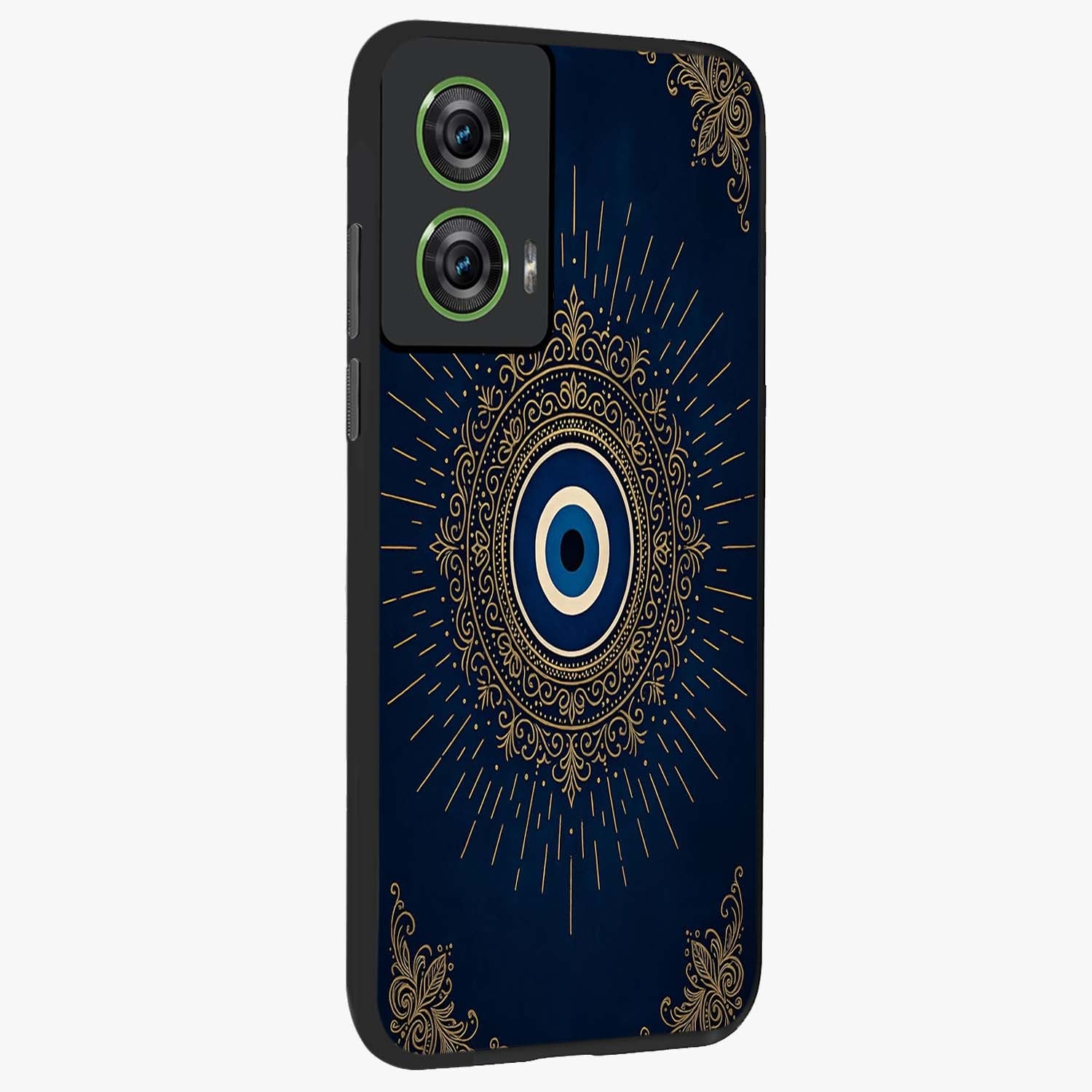 Golden Celestial Charm Glass Case upright view showcasing radiant celestial artwork with elegant golden theme.