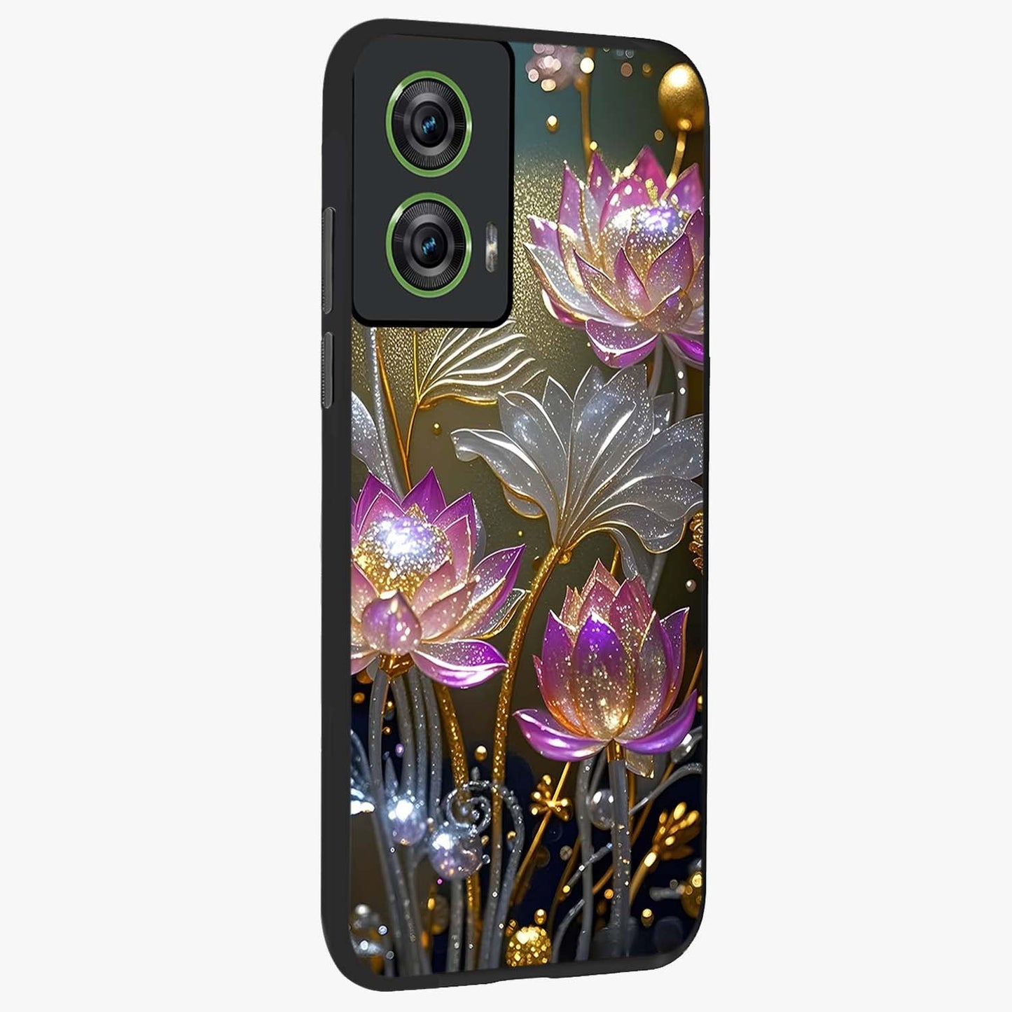 Golden Floral Majesty Glass Case upright view showcasing majestic floral artwork with rich decorative theme.