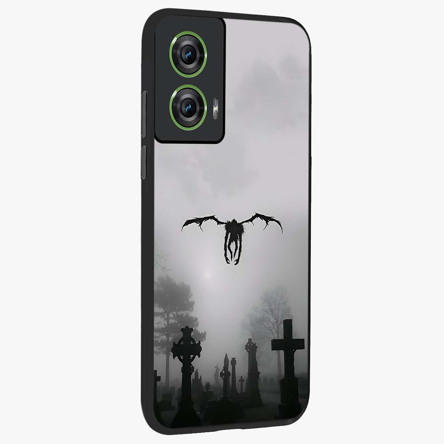 Graveyard Shadow Descent Glass Case upright view showcasing haunting graveyard artwork with dramatic dark theme.