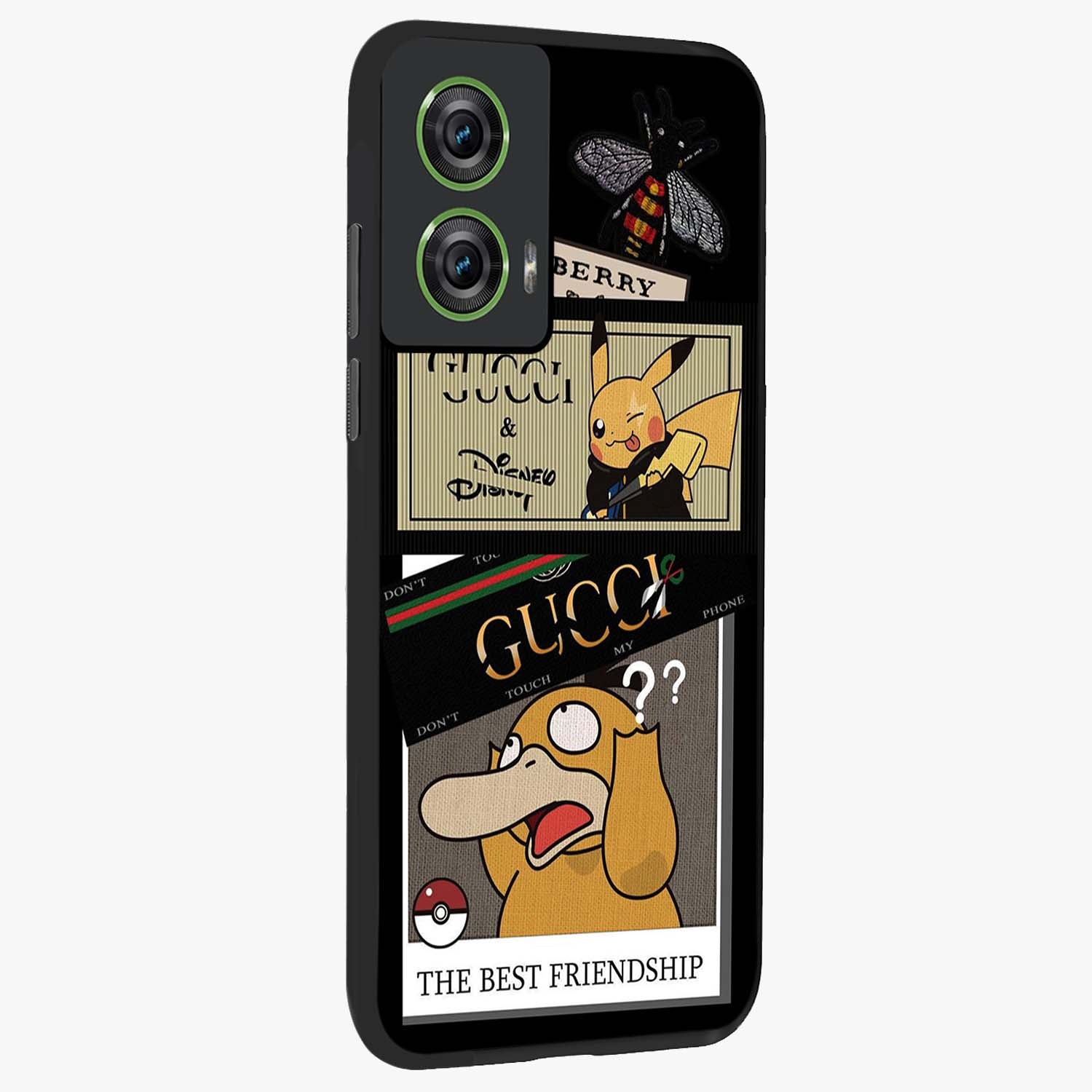 Gucci Play Mashup Glass Case upright view showcasing trendy luxury inspired artwork with modern fashion theme.