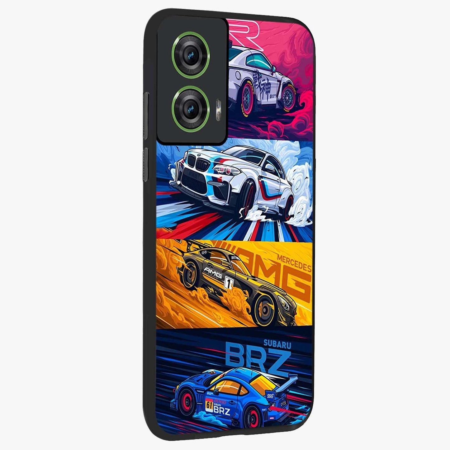 JDM Sports Car Glass Case upright view showcasing dynamic sports car artwork with bold racing theme.