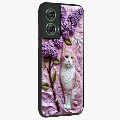 Lavender Cat Whimsy Glass Case upright view showcasing charming cat artwork with whimsical lavender theme.