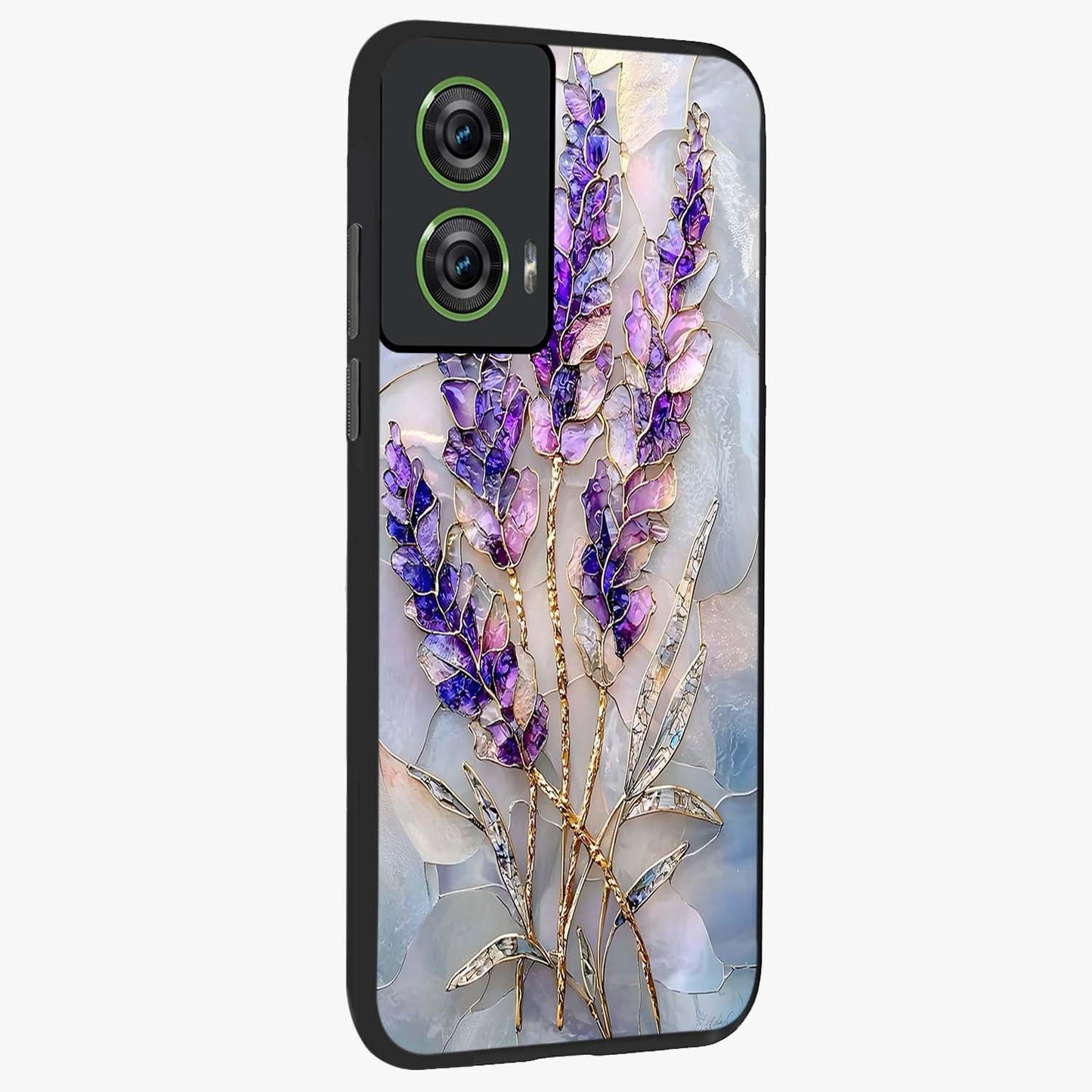 Lavender Dream Glow Glass Case upright view showcasing radiant lavender glow artwork with calming dreamy theme.