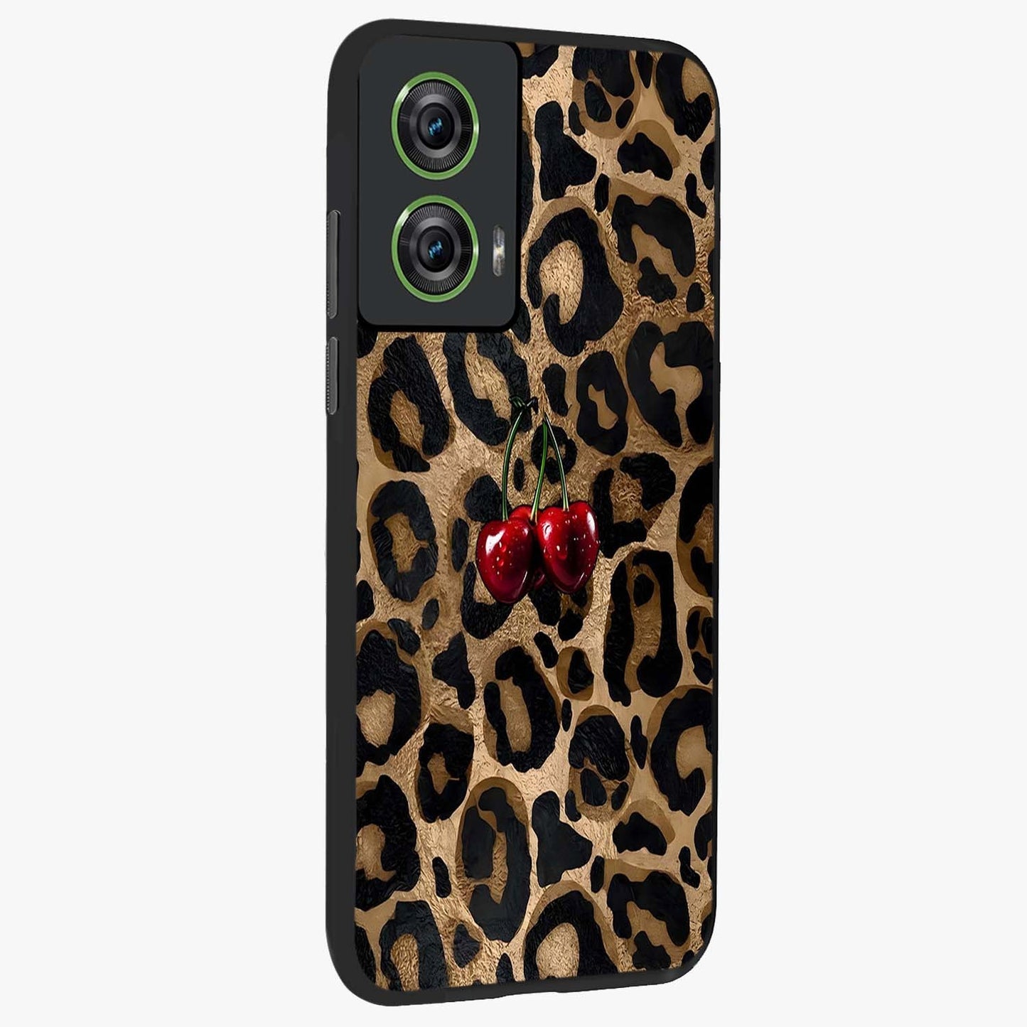 Leopard Wild Cherry Glass Case upright view showcasing stylish leopard pattern artwork with trendy fashion theme.