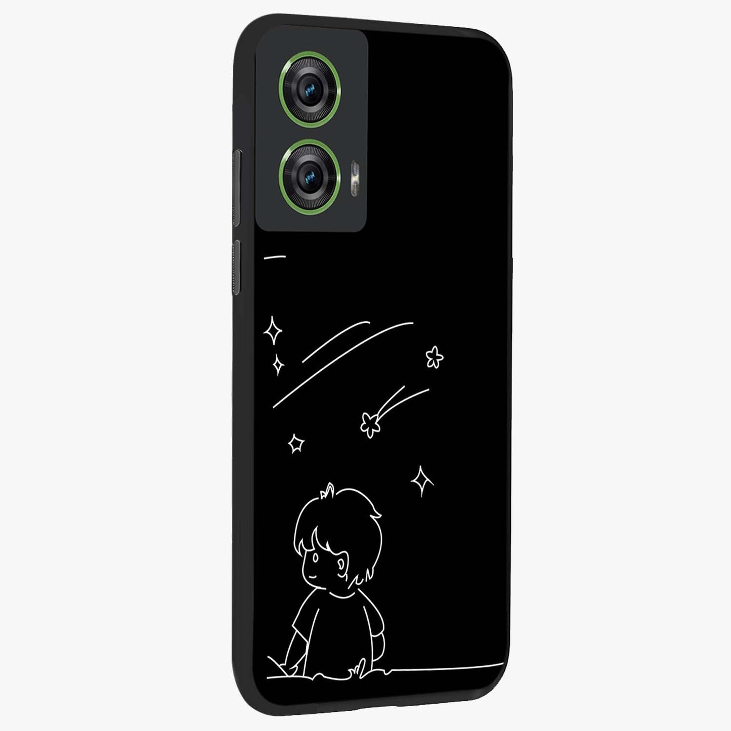 Line Art Boy With Shooting Stars Glass Case upright view showcasing artistic shooting star illustration with minimal style.
