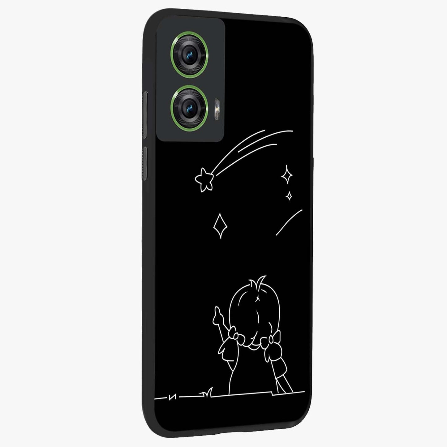 Line Art Girl With Shooting Stars Glass Case upright view showcasing delicate shooting stars artwork with minimal artistic theme.