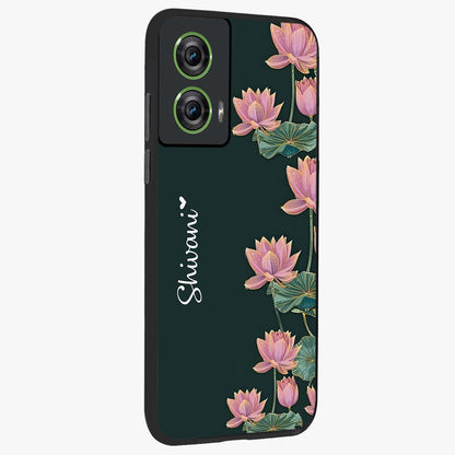 Lotus Bloom Serenity Custom Name Glass Case upright view showcasing serene lotus bloom artwork with personalized floral aesthetic.