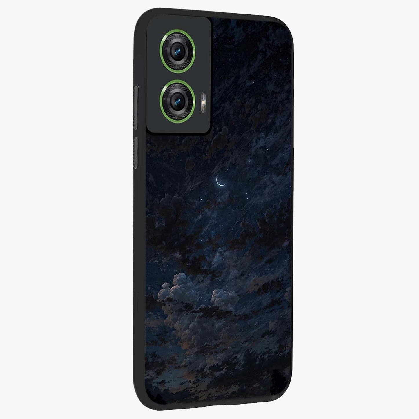 Lunar Veil Silence Glass Case upright view showcasing calm moon themed artwork with serene night atmosphere.