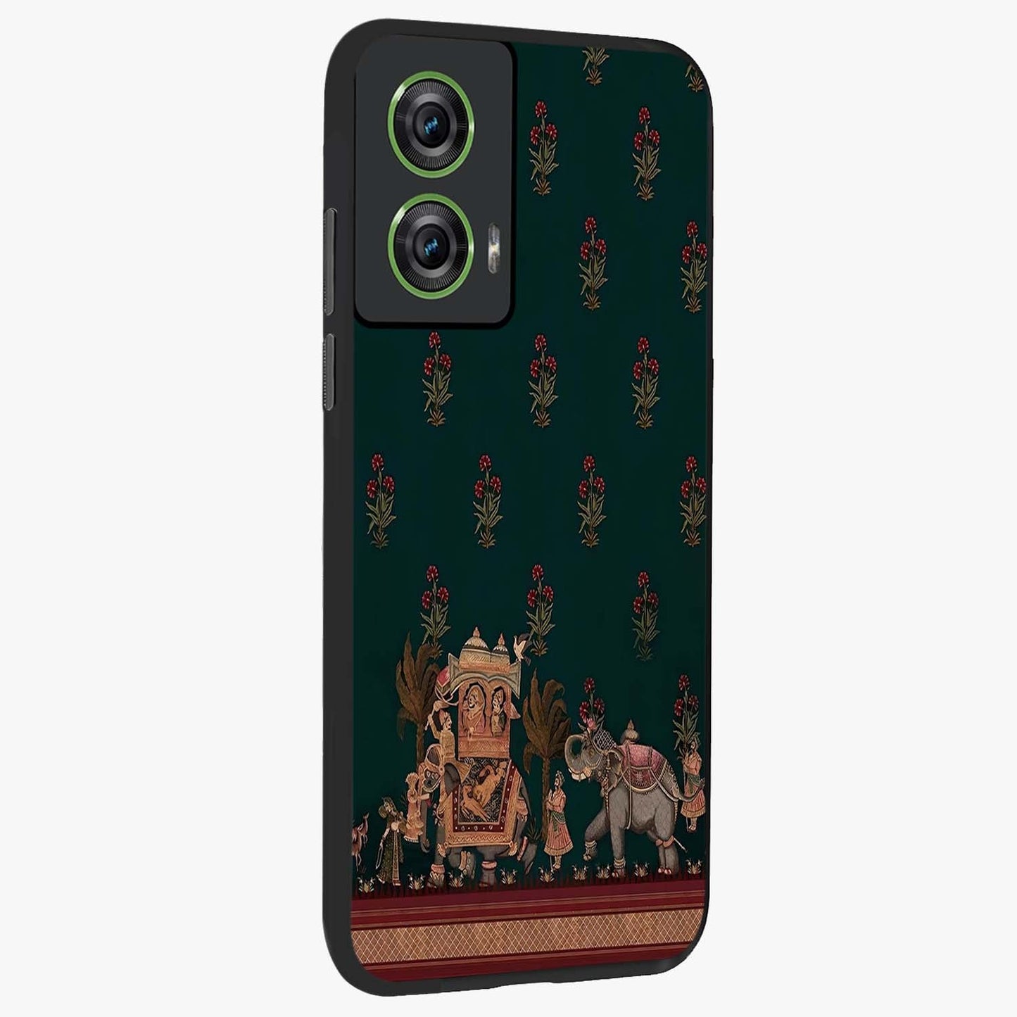 Macmerise Glass Case upright view showcasing bold artistic artwork with contemporary design theme.