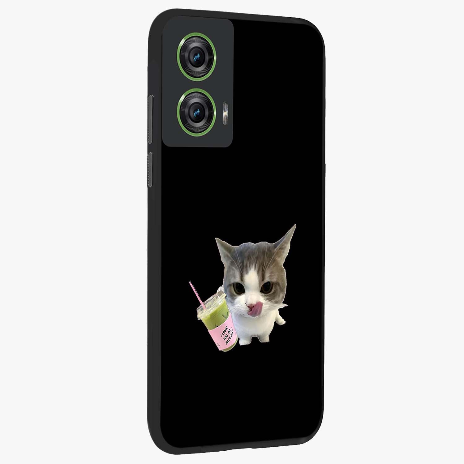 Matcha Cat Style Glass Case upright view showcasing charming cat artwork with cozy aesthetic theme.