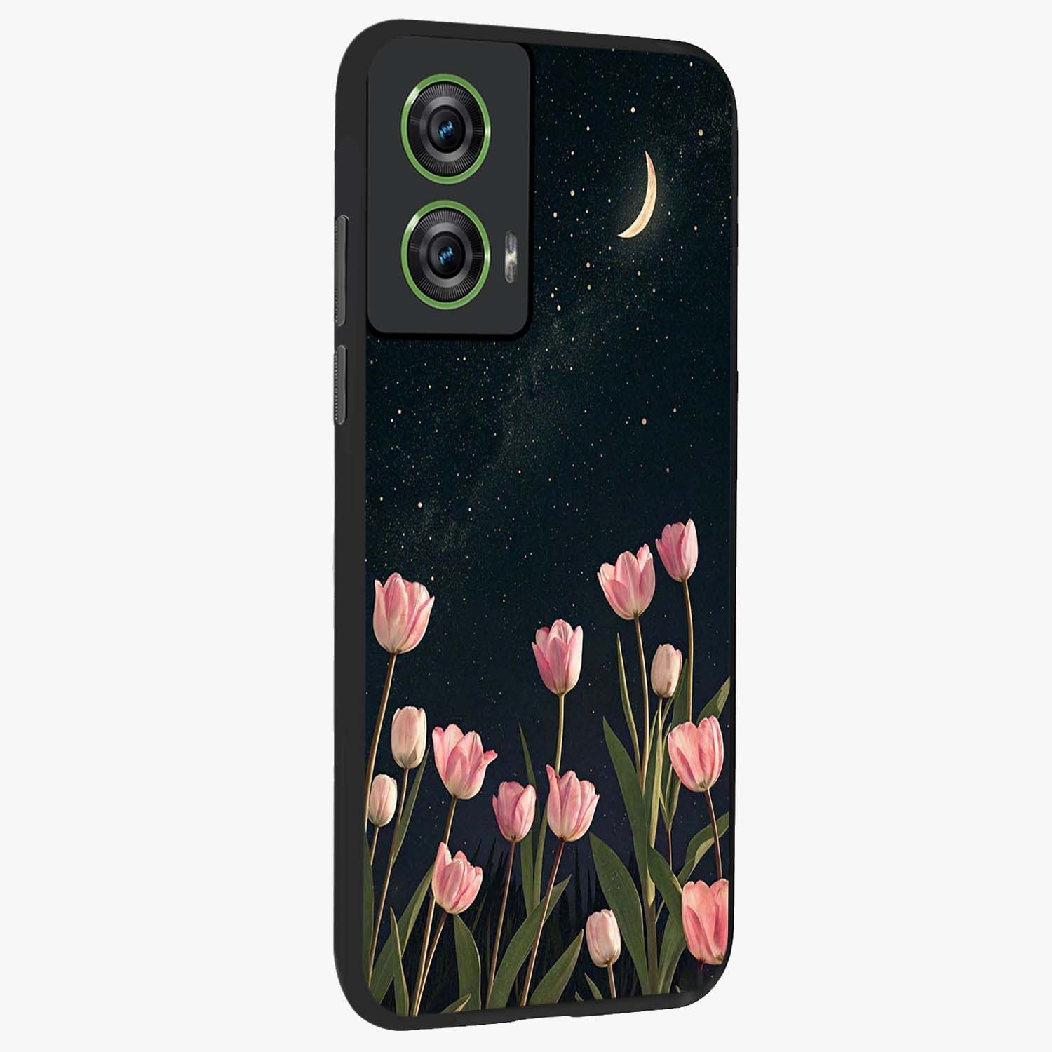 Midnight Tulip Whispers Vibe Glass Case upright view showcasing graceful tulip artwork with calm botanical theme.