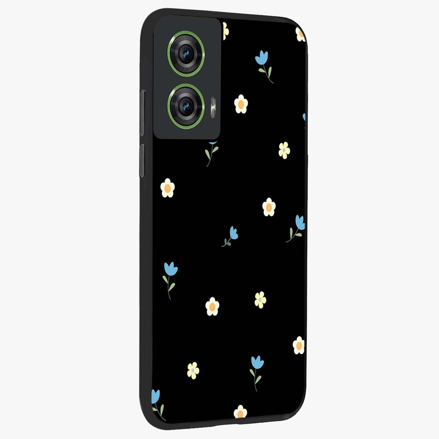 Minimal Petal Whispers Glass Case upright view showcasing elegant floral artwork with modern minimalist style.