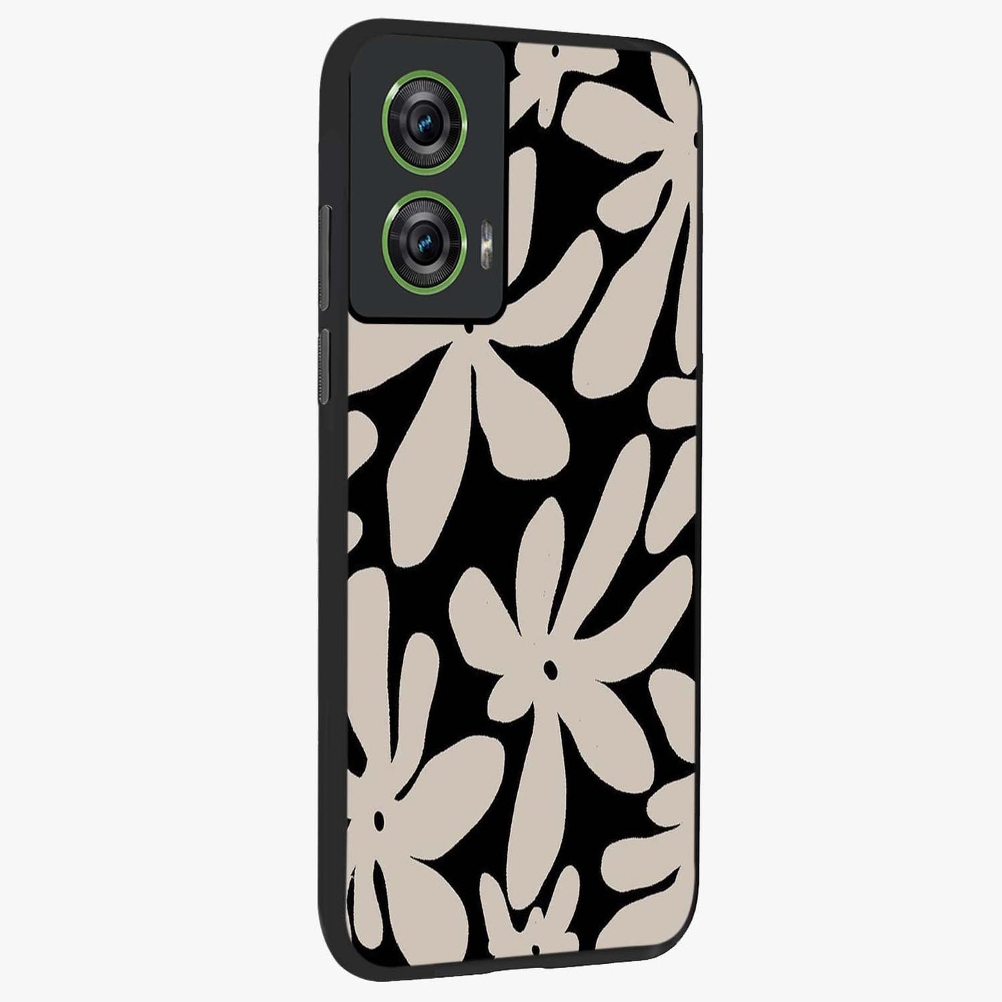 Monochrome Petal Dance Glass Case upright view showcasing artistic floral pattern with stylish monochrome theme.