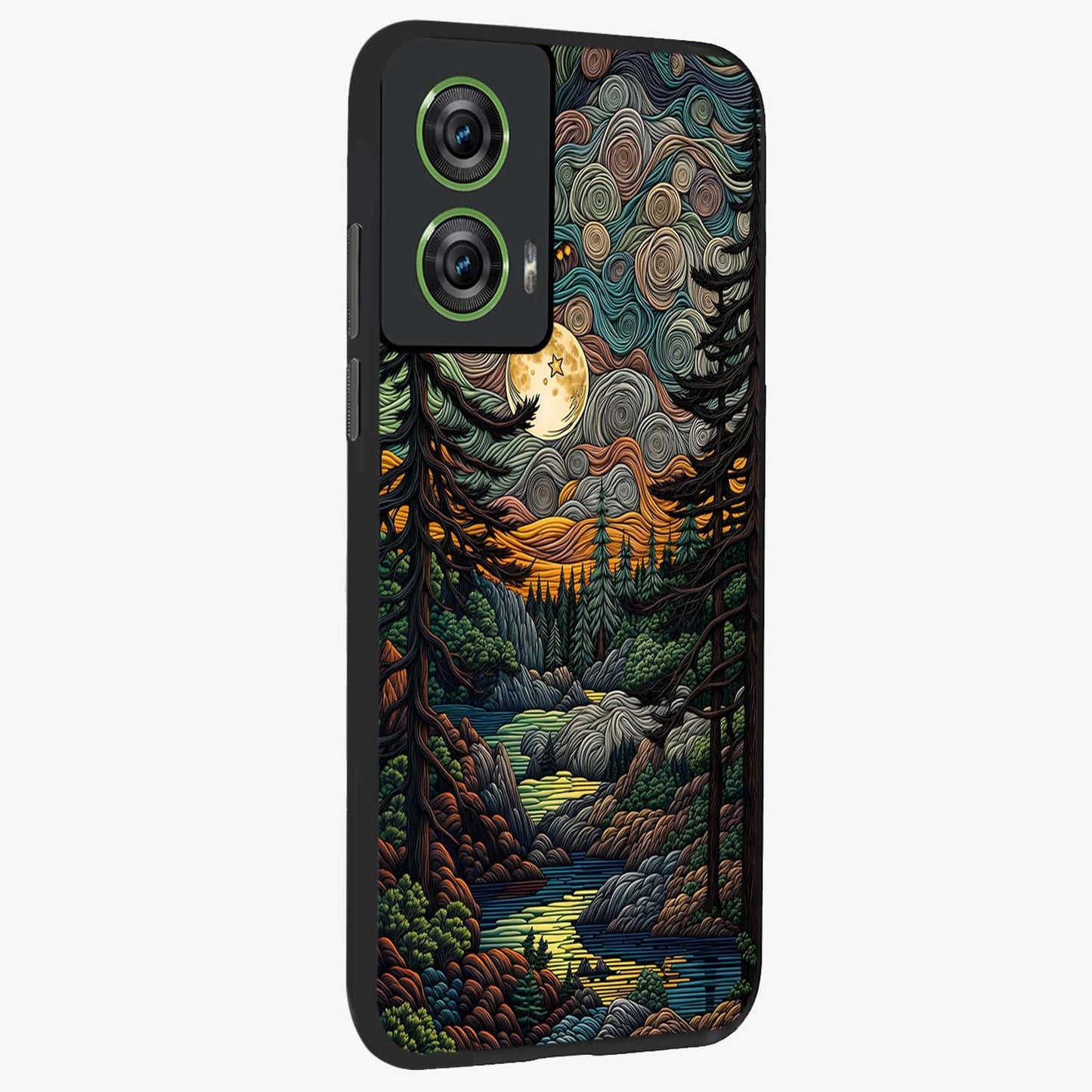 Moonlight Forest Dream Glass Case upright view showcasing magical forest artwork with calm night theme.