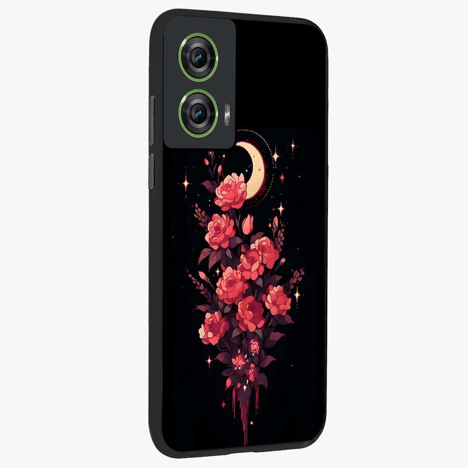 Moonlit Floral Elegance Glass Case upright view showcasing delicate floral artwork with refined night inspired theme.