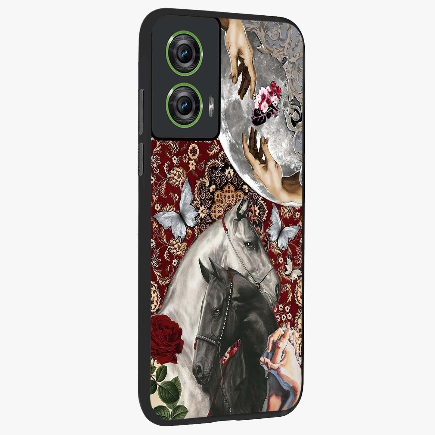 Moonlit Royal Stallion Glass Case upright view showcasing dramatic horse artwork with glowing moon themed design.