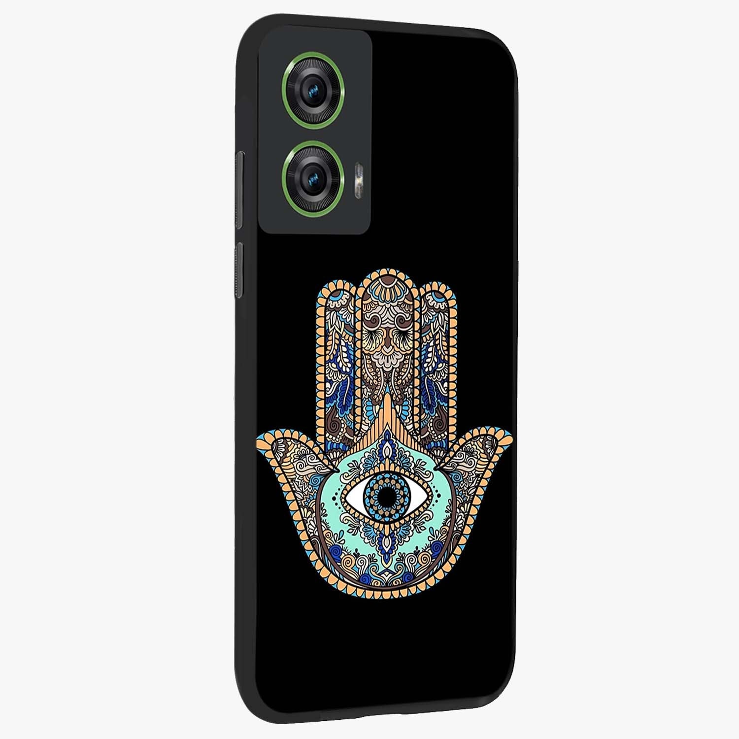 Mystic Hamsa Eye Glass Case upright view showcasing detailed hamsa eye artwork with protective spiritual theme.