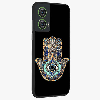 Mystic Hamsa Eye Glass Case upright view showcasing detailed hamsa eye artwork with protective spiritual theme.
