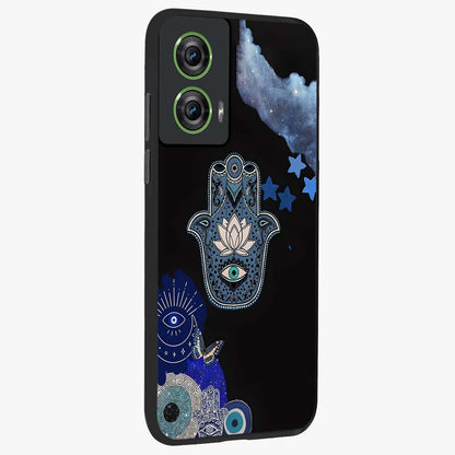 Mystic Hand Aura Glass Case upright view showcasing symbolic hand artwork with mystical energy theme.