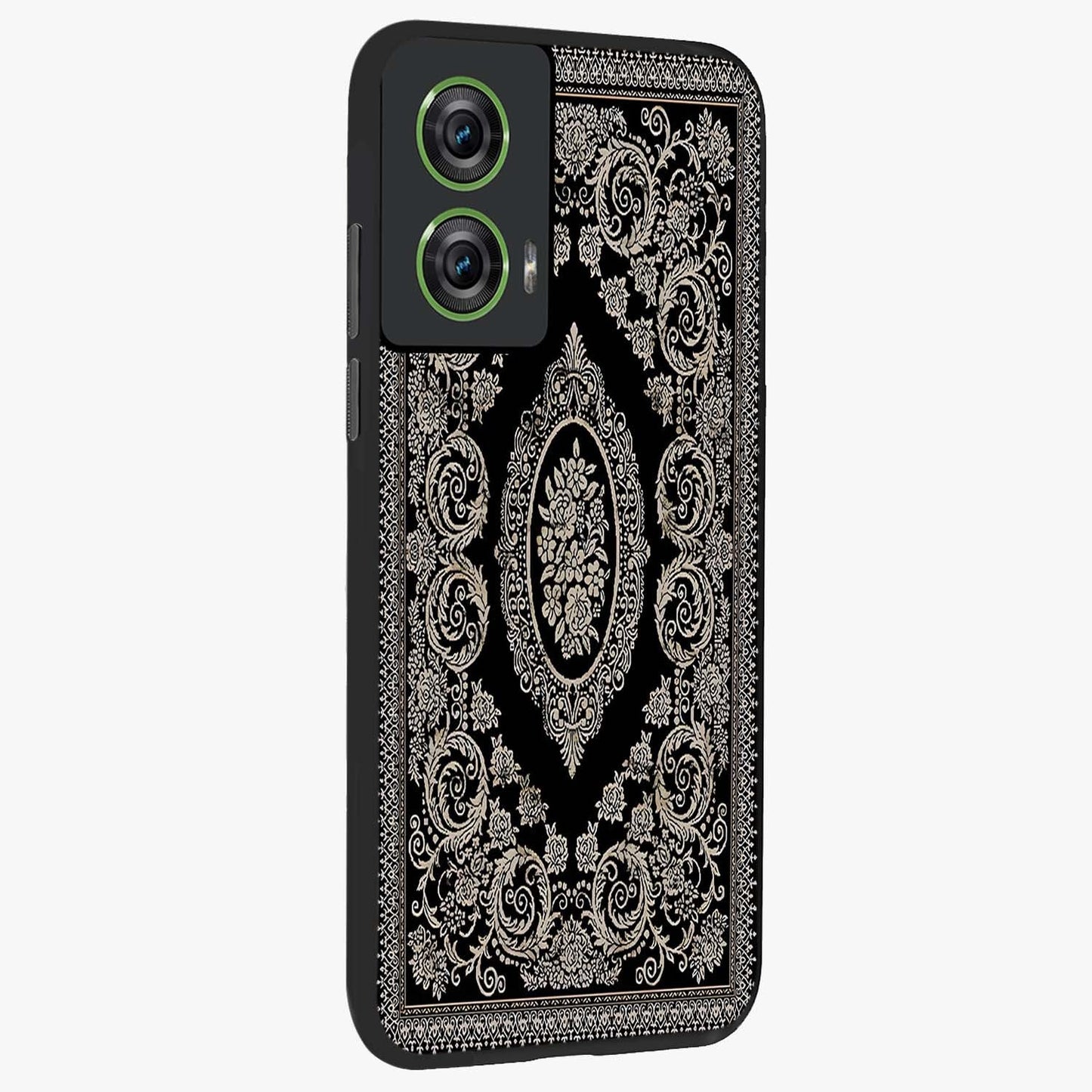Noir Bloom Elegance Glass Case upright view showcasing graceful floral artwork with luxurious dark theme.