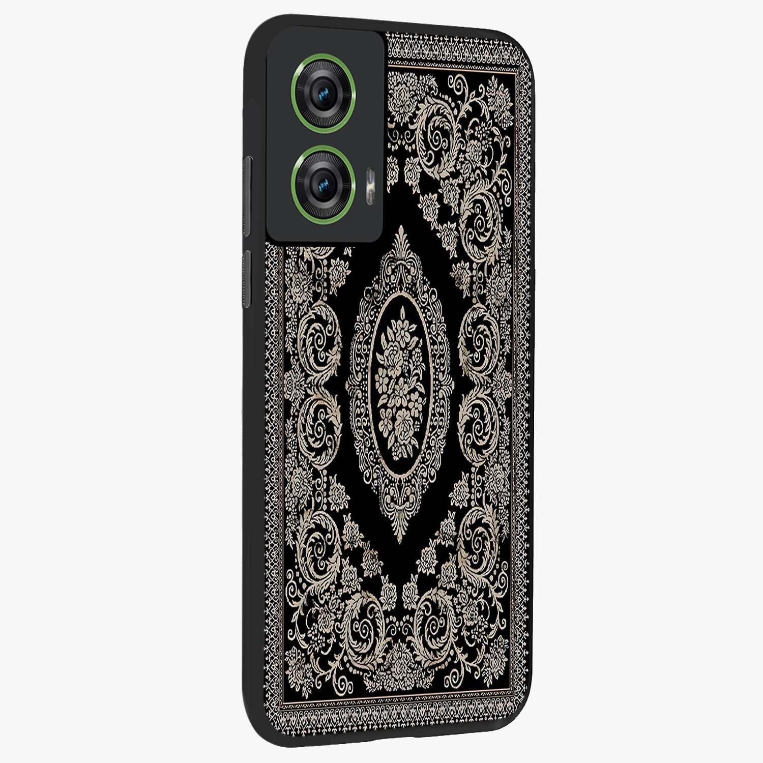 Noir Bloom Elegance Glass Case upright view showcasing graceful floral artwork with luxurious dark theme.