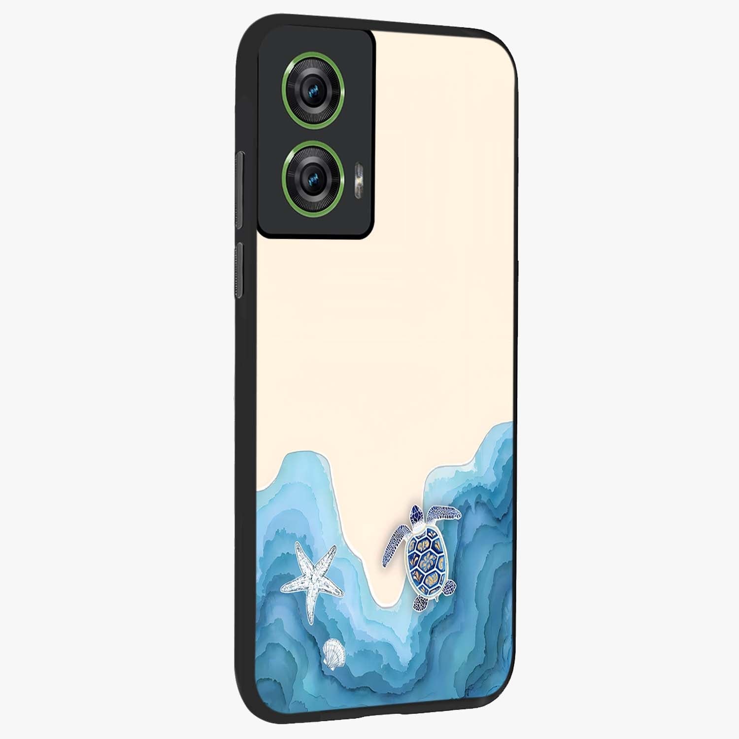 Ocean Drift Turtle Glass Case upright view showcasing calm underwater turtle artwork with nature inspired theme.