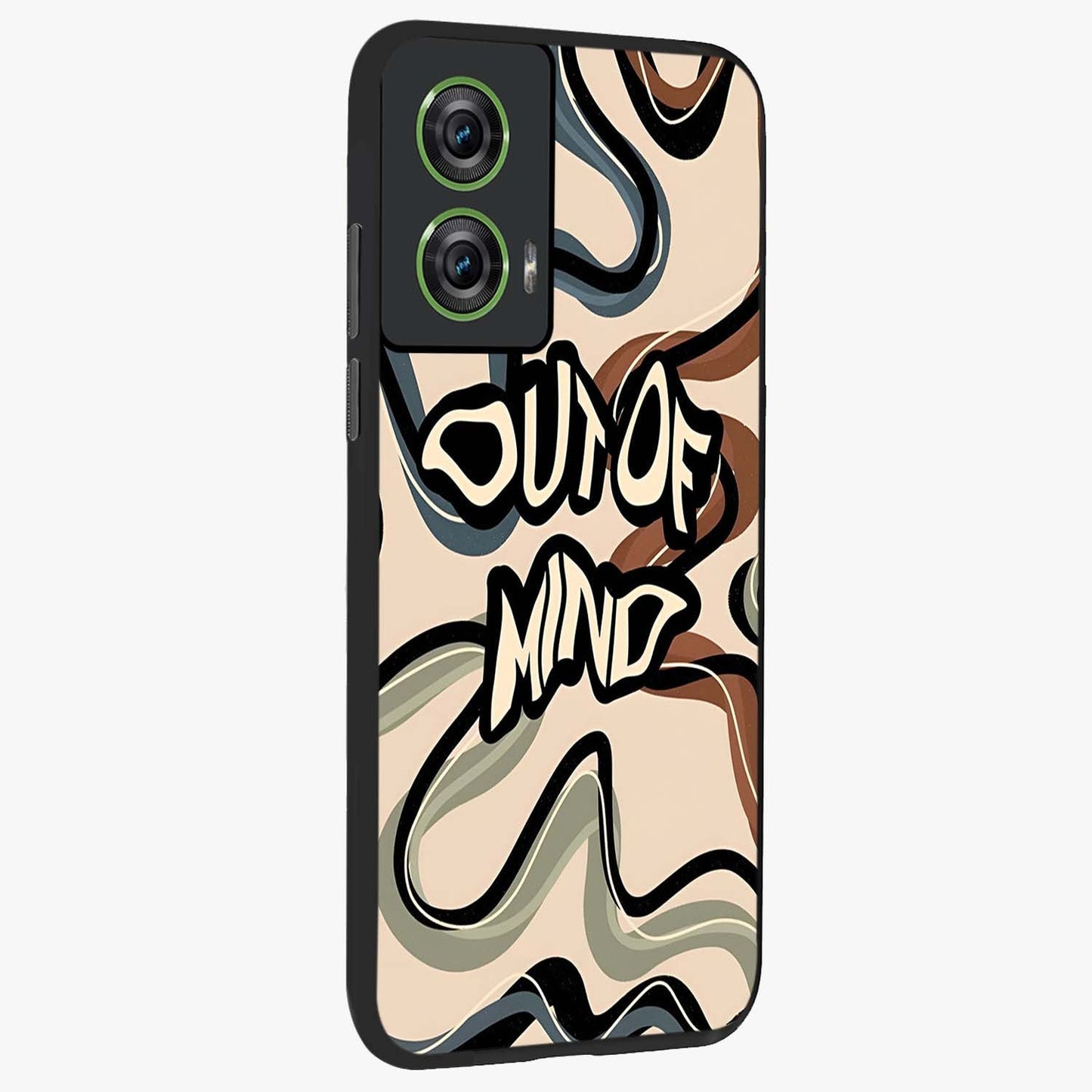 Out Of Mind Glass Case upright view showcasing striking typography artwork with edgy conceptual theme.