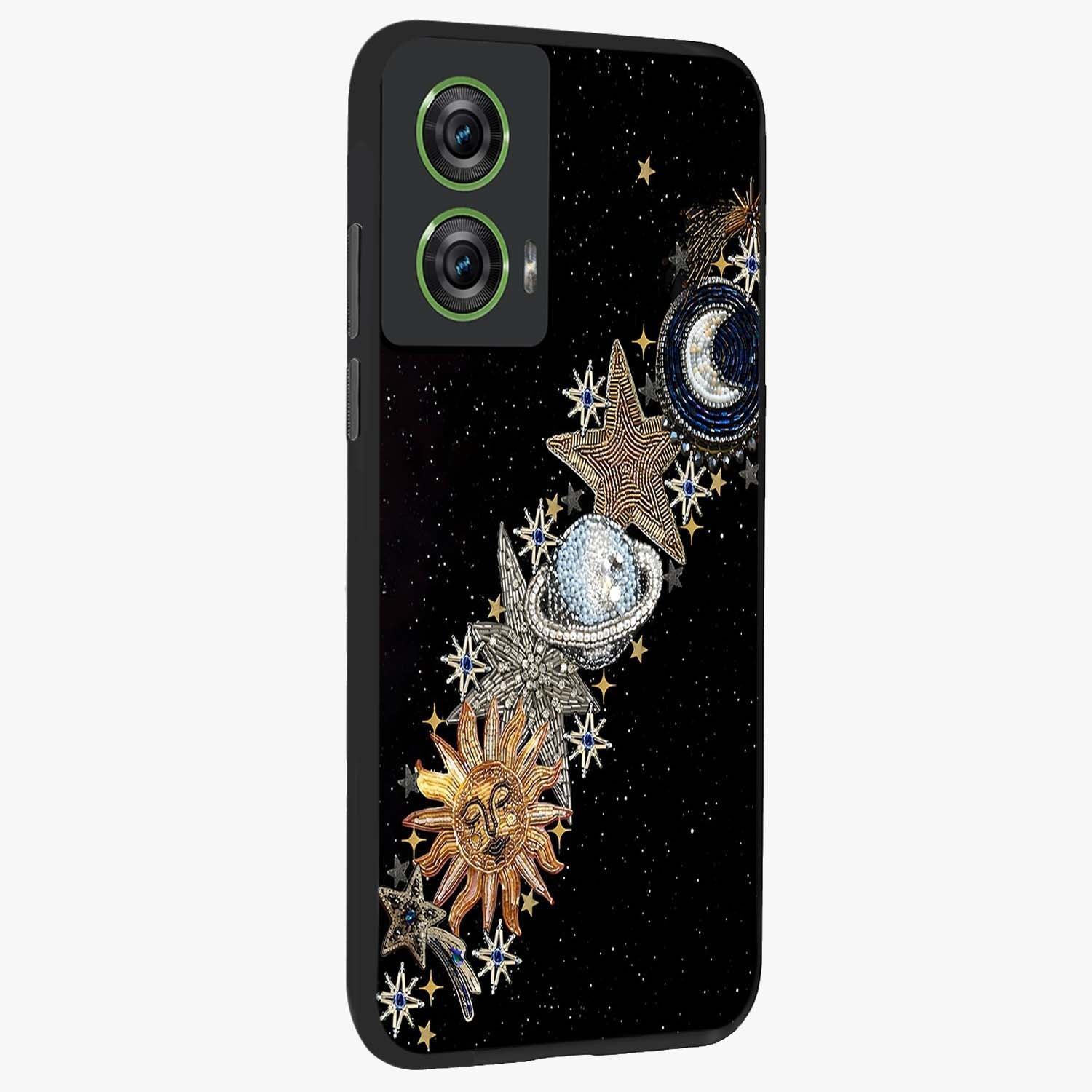 Pearls Universe Object Glass Case upright view showcasing decorative pearl themed artwork with cosmic elegance.