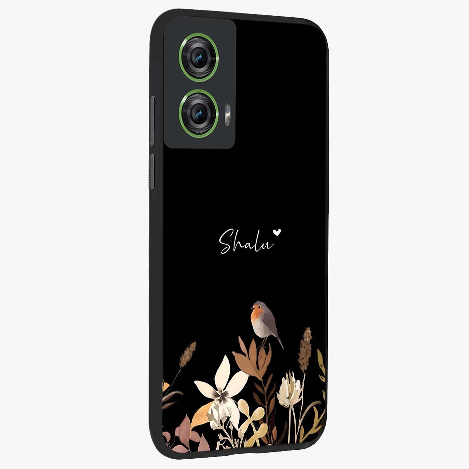 Quiet Garden Tune Custom Name Glass Case upright view showcasing serene botanical artwork with personalized aesthetic.