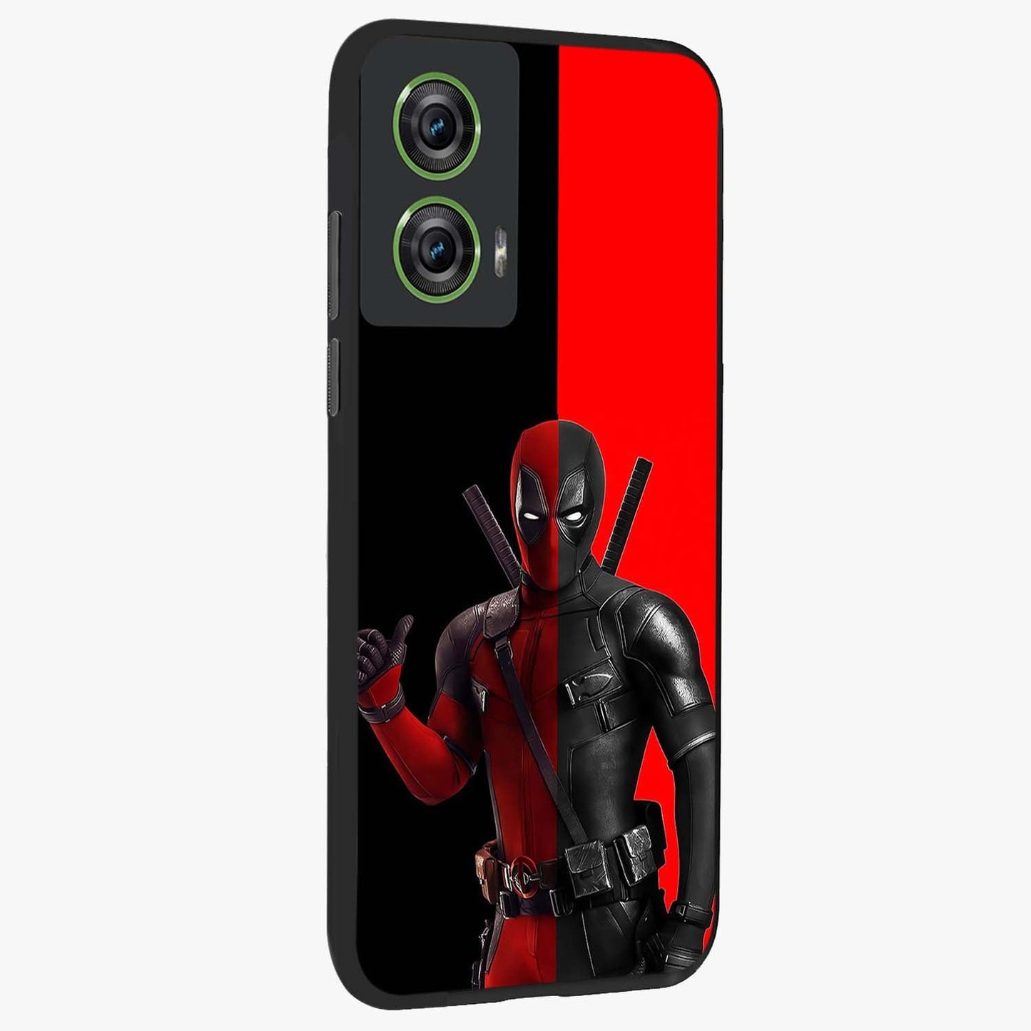 Red & Black Deadpool Theme Glass Case upright view showcasing energetic comic themed artwork with striking red and black design.