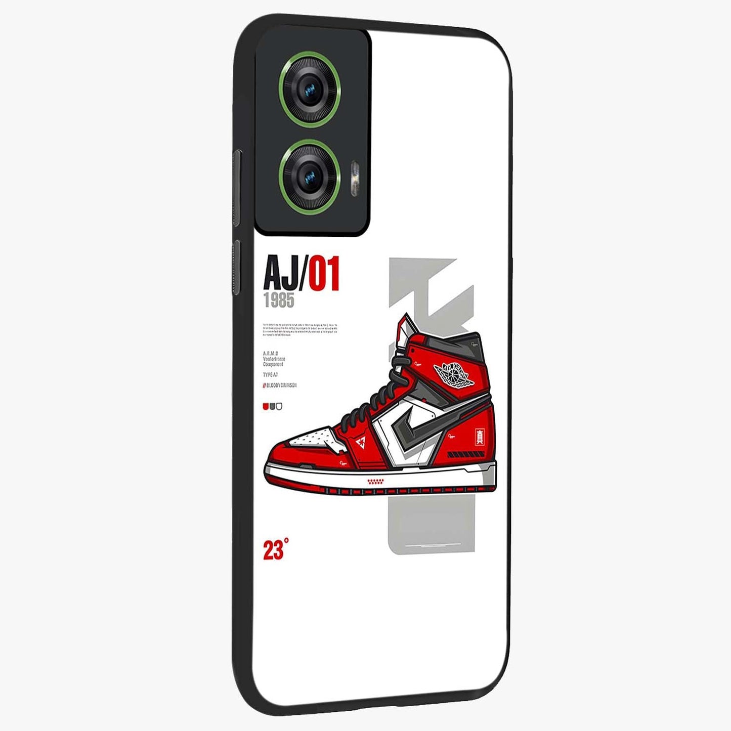 Retro Sneaker Blueprint Glass Case upright view showcasing stylish sneaker illustration with vintage streetwear theme.