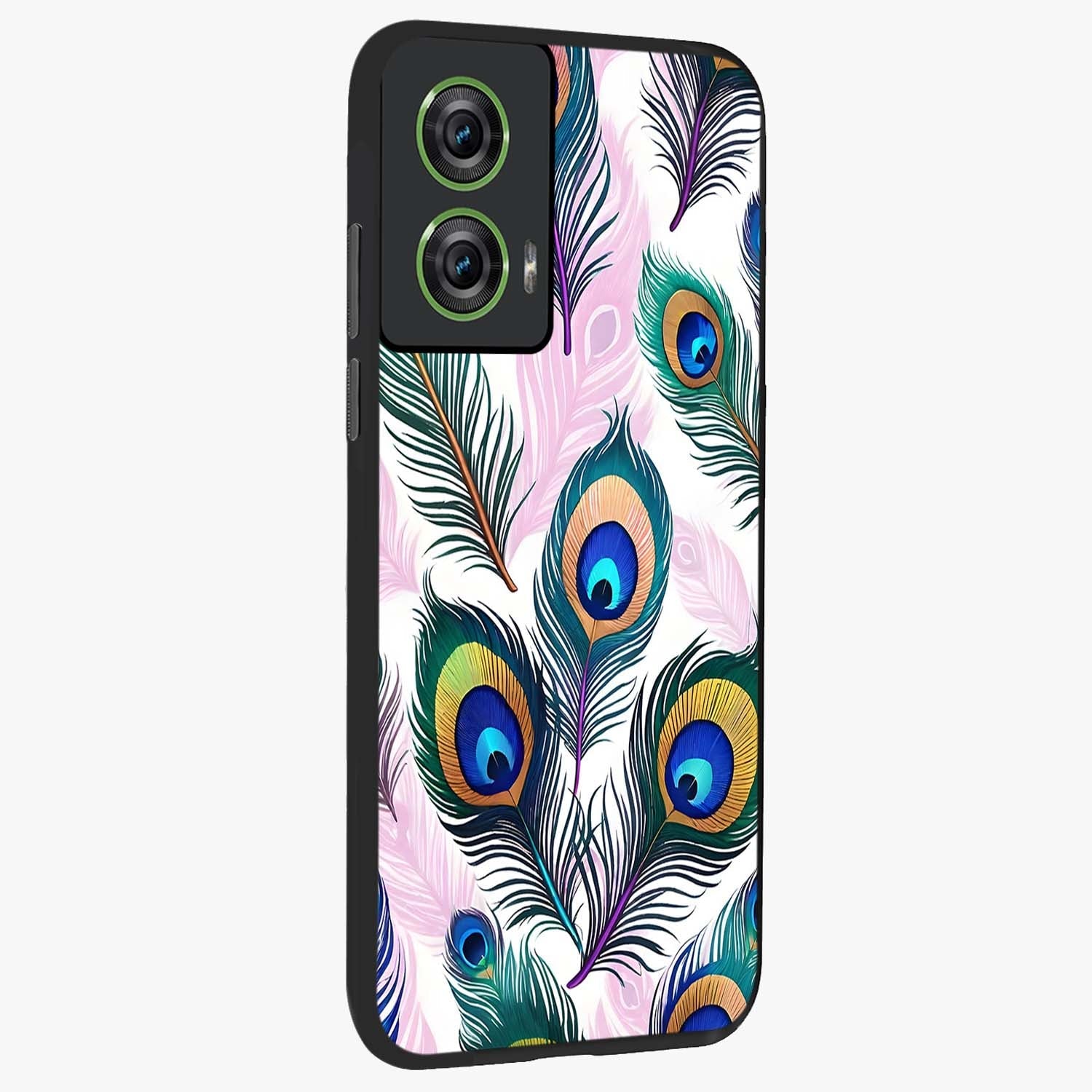 Royal Peacock Feathers Glass Case upright view showcasing elegant peacock feather artwork with decorative royal theme.