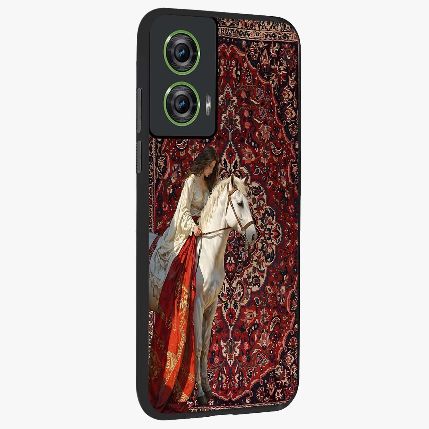 Royal Rider Tapestry Glass Case upright view showcasing detailed rider artwork with classic tapestry theme.