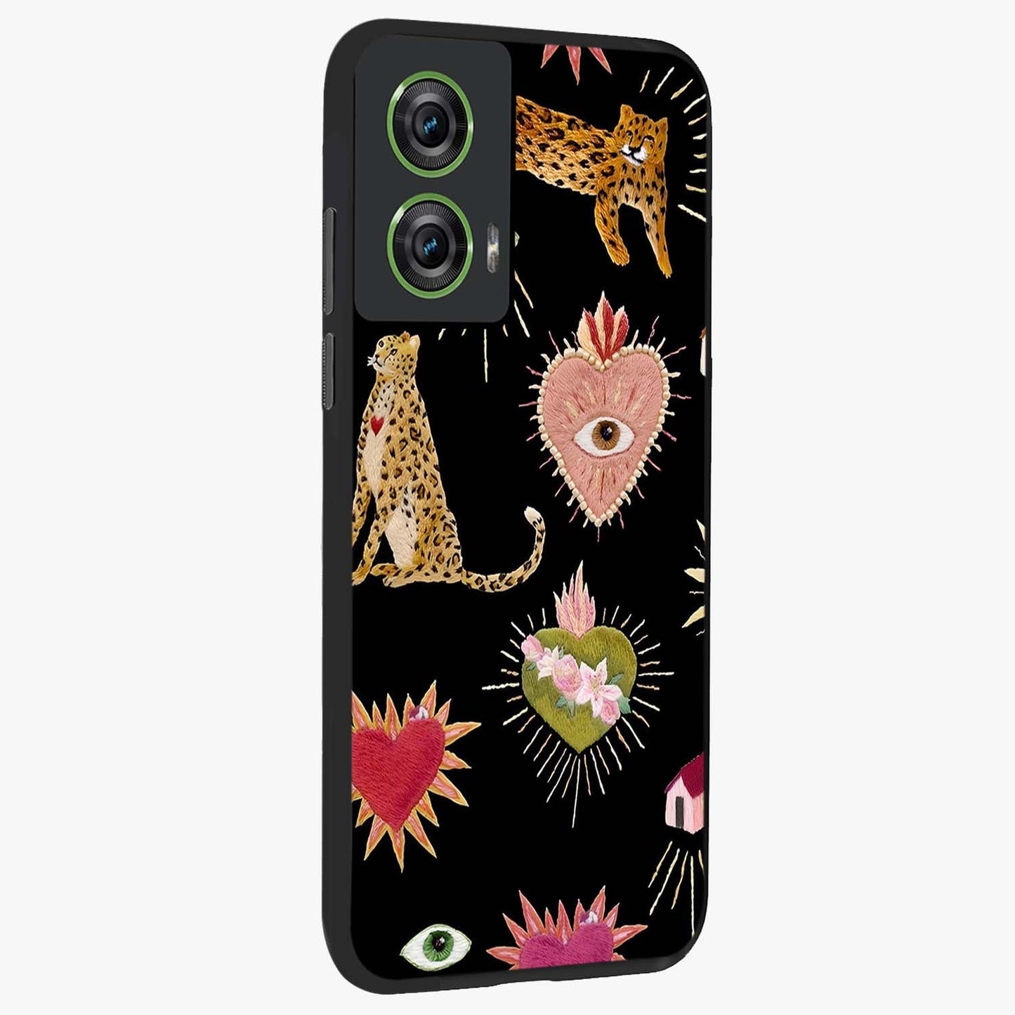 Sacred Jungle Heart Glass Case upright view showcasing vibrant jungle artwork with symbolic heart theme.
