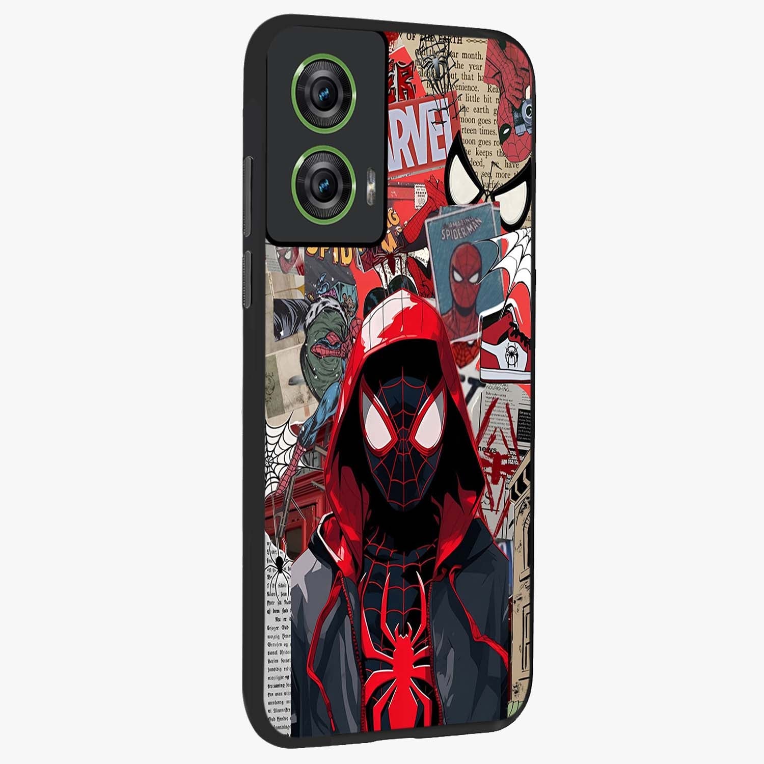 Spider Collage Street Glass Case upright view showcasing bold superhero artwork with urban street theme.