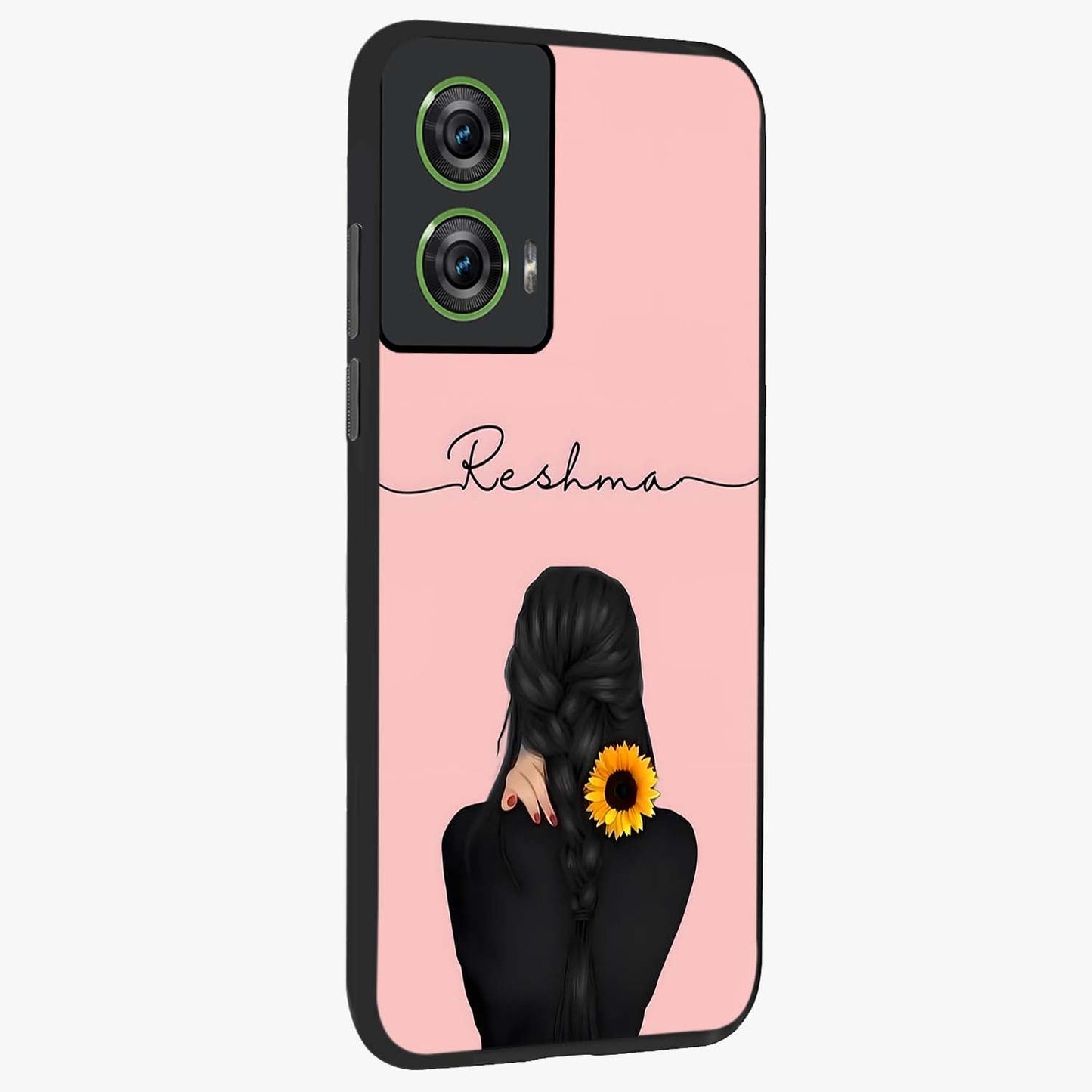 Sunflower Braid Beauty With Custom Name Glass Case upright view showcasing bright sunflower artwork with personalized floral aesthetic.