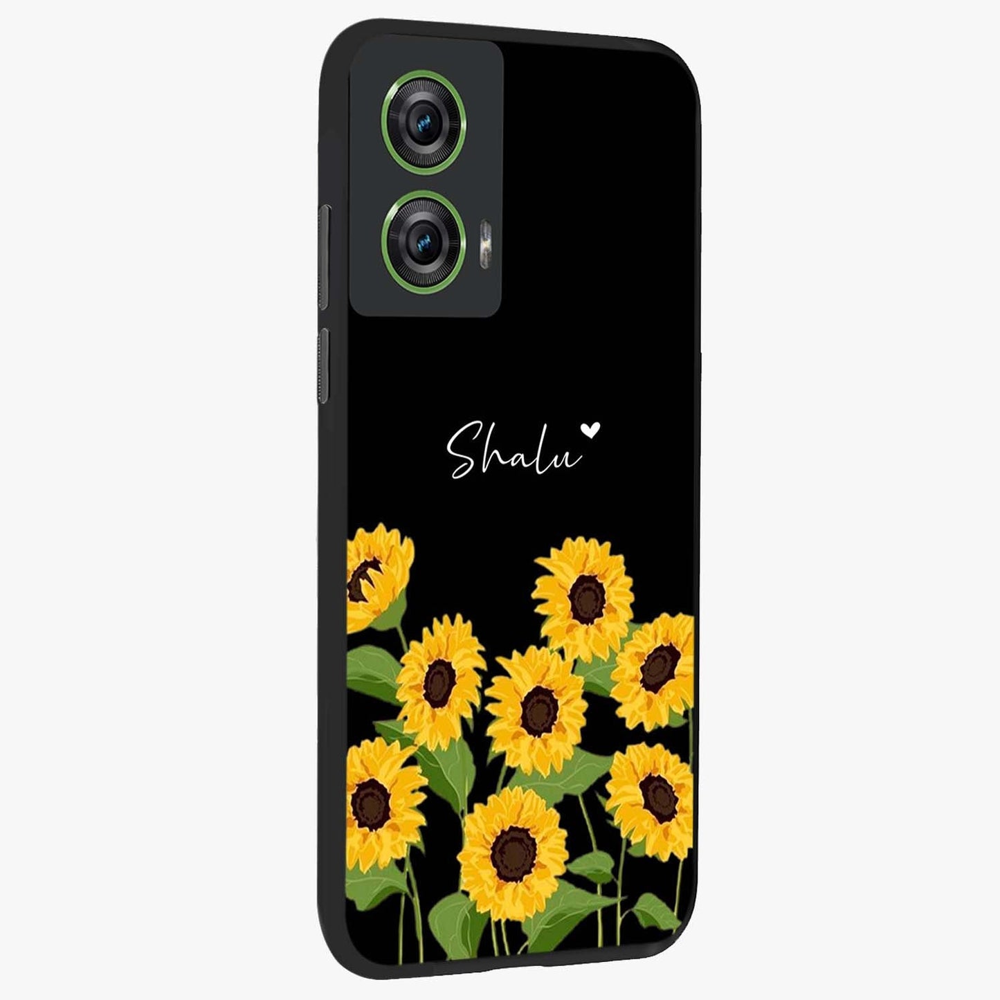 Sunflower Chic Mood Custom Name Glass Case upright view showcasing cheerful sunflower artwork with trendy floral theme.