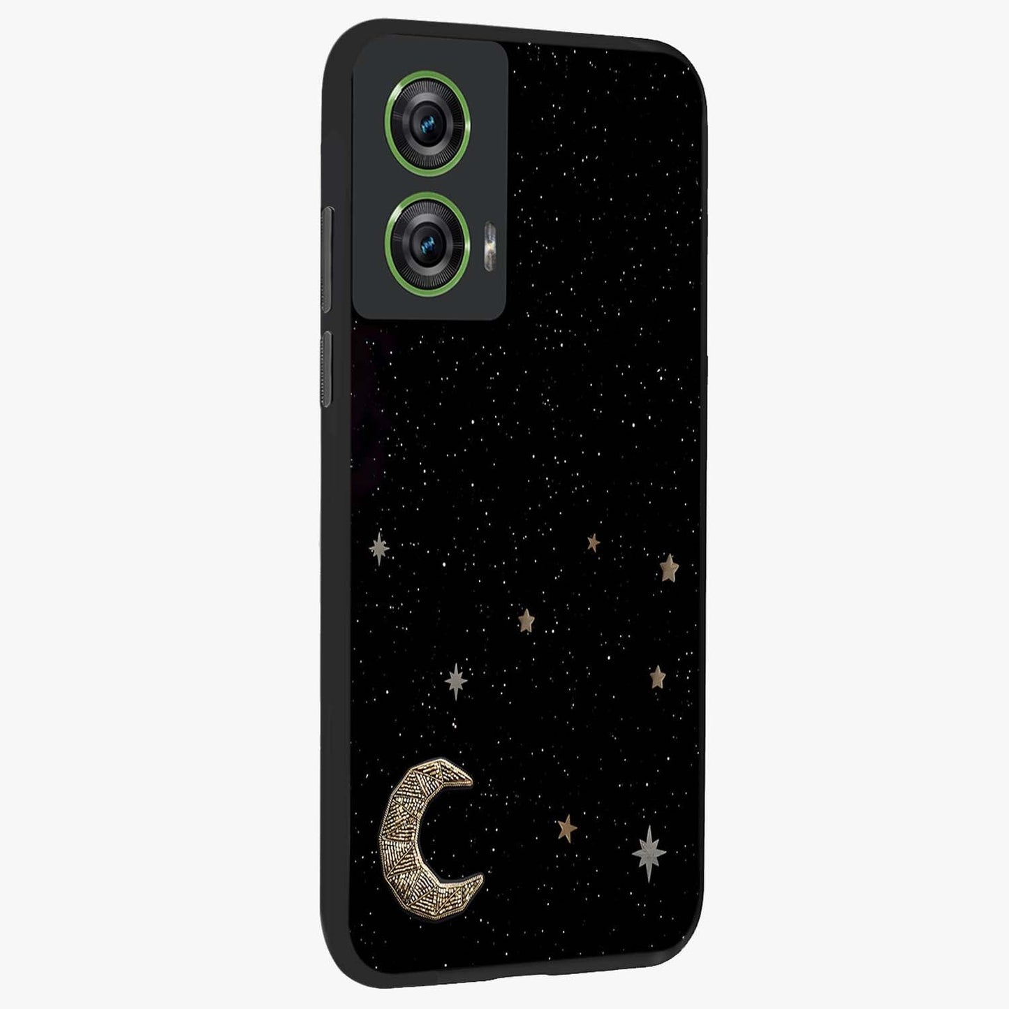 Twinkle Star With Half Moon Glass Case upright view showcasing glowing cosmic artwork with dreamy night theme.
