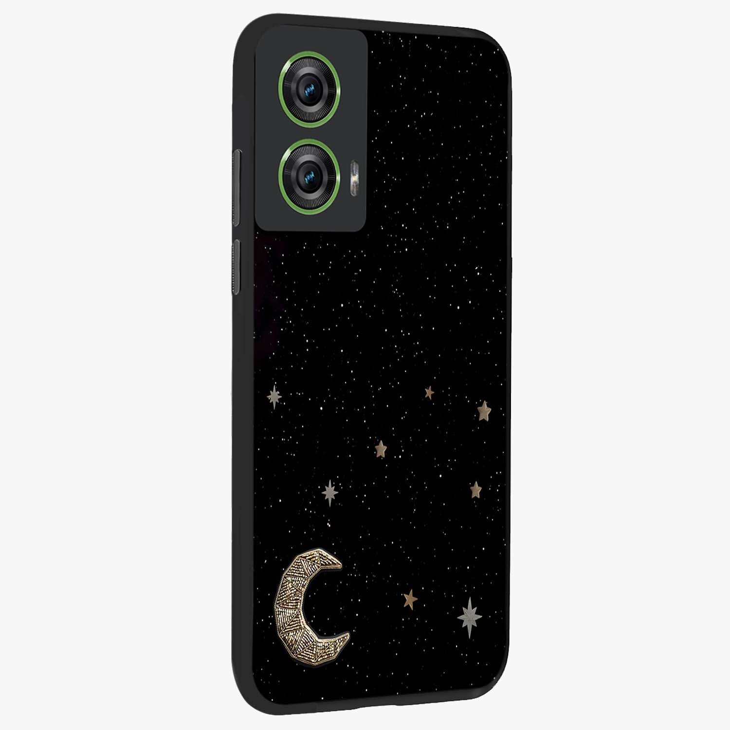 Twinkle Star With Half Moon Glass Case upright view showcasing glowing cosmic artwork with dreamy night theme.