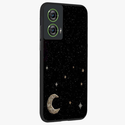 Twinkle Star With Half Moon Glass Case upright view showcasing glowing cosmic artwork with dreamy night theme.