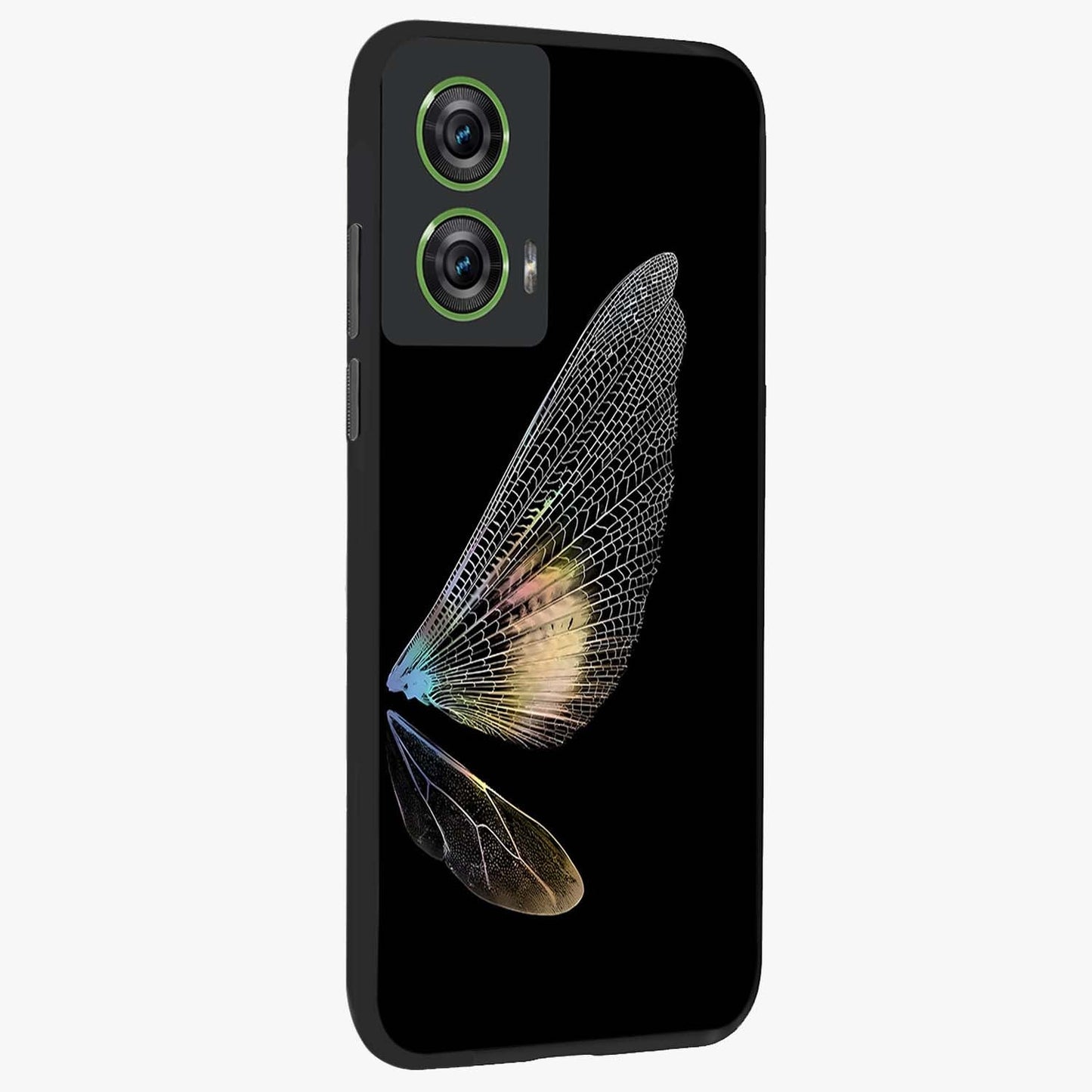 Whispers Of Wings Glass Case upright view showcasing elegant wing artwork with light airy theme.