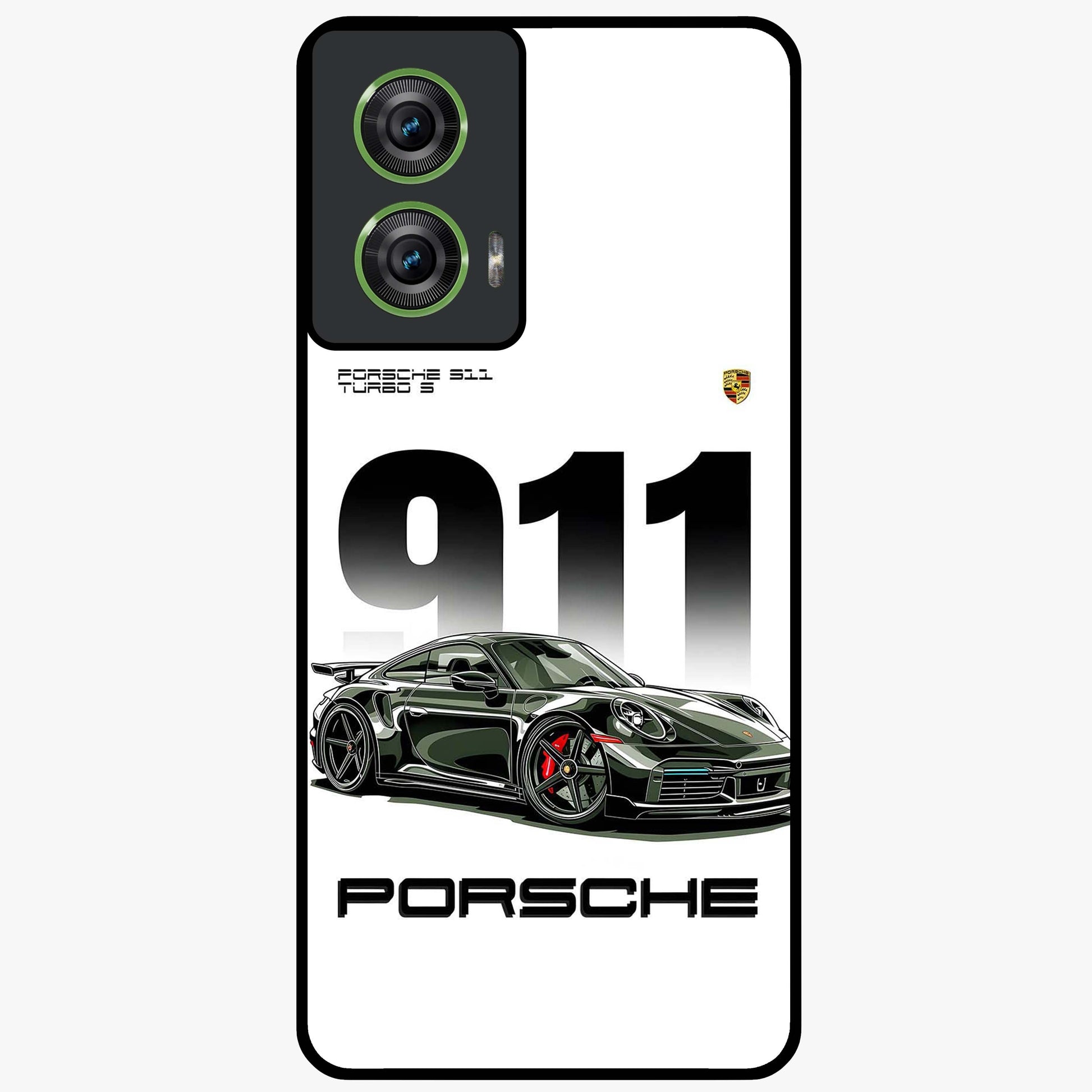 911 Turbo Dominance Glass Case showing clean flat back view with bold 911 sports car artwork and glossy glass finish.